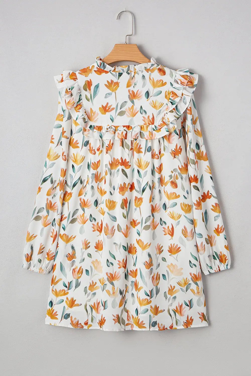 Yellow Floral Print Tie Neck Frilled Long Sleeve Mini Dress Dear-Lover Dropshipping